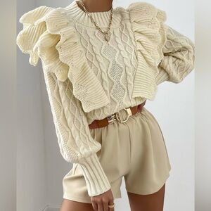 Entro Cream Cable Knit Turtleneck Ruffle Sweater size Small #905